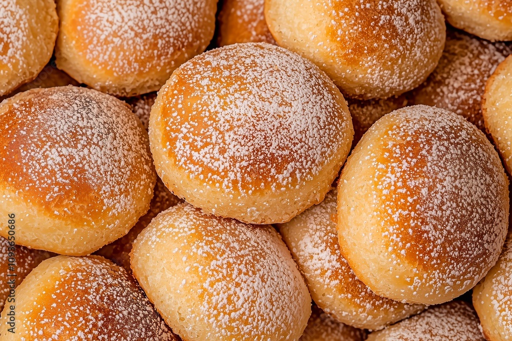 Close-Up of a Pile of Sugar-Coated Beignets, Displaying Their Crispy Golden Texture and Sweet Powdered Finish. Great for Pastry Promotions, Cafés, or Dessert Blogs. Close-Up of a Pile of Sugar-Coated Beignets, Displaying Their Crispy Golden Texture and Sweet Powdered Finish. Great for Pastry Promotions, Cafés, or Dessert Blogs.