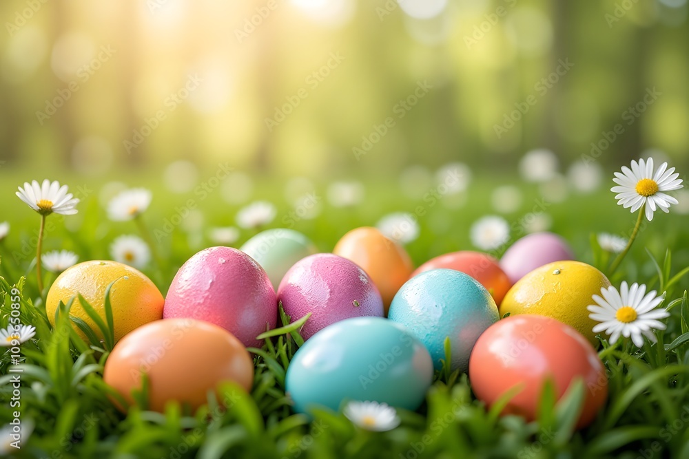 Colorful easter eggs on fresh green grass with daisies in sunlit garden Colorful easter eggs on fresh green grass with daisies in sunlit garden