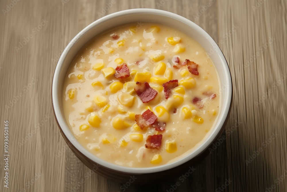 Rich and Creamy Corn Chowder with Bacon in Close-Up, Showcasing Comforting Layers and Texture. Great for Fall Recipes, Food Ads, or Culinary Content. Rich and Creamy Corn Chowder with Bacon in Close-Up, Showcasing Comforting Layers and Texture. Great for Fall Recipes, Food Ads, or Culinary Content.