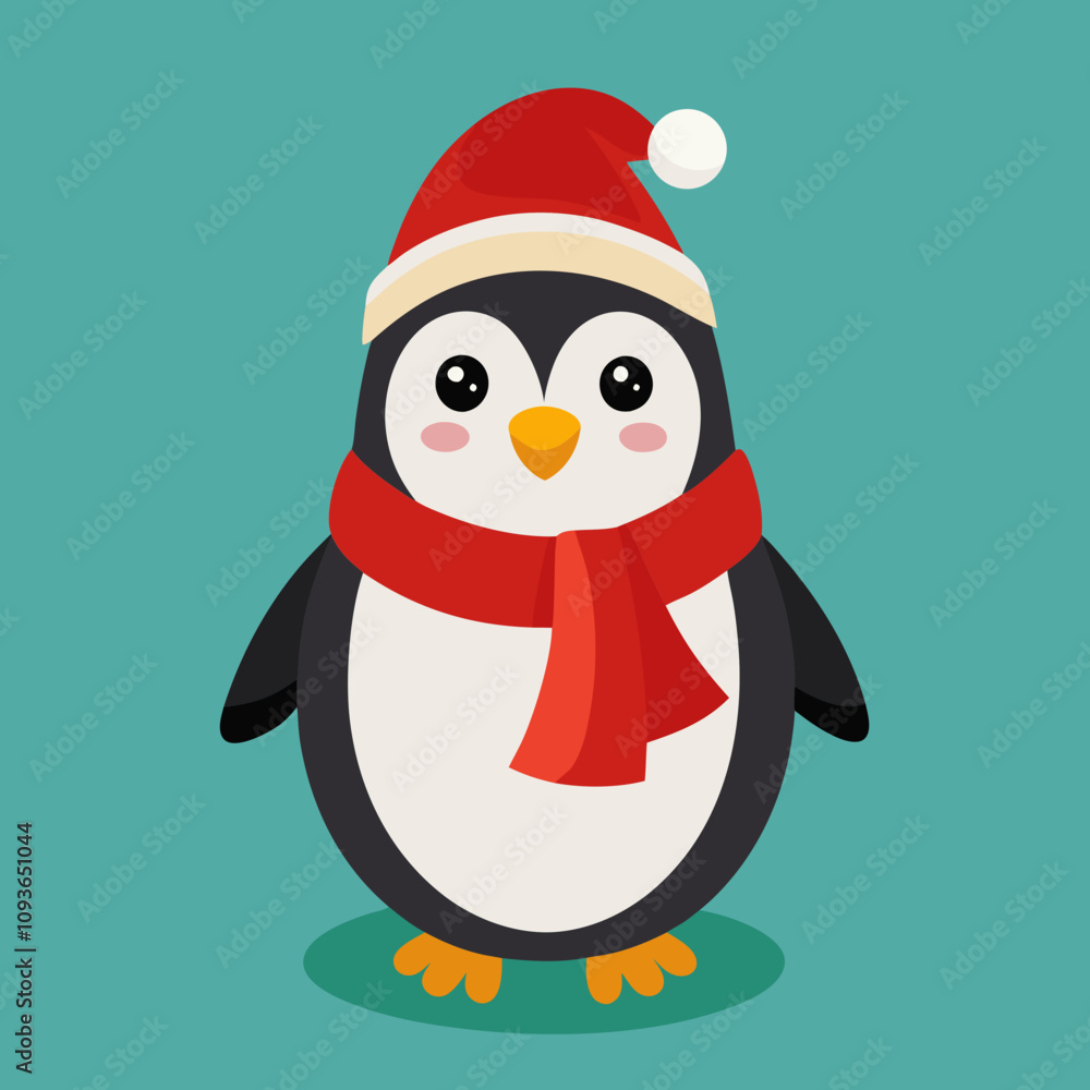 A cheerful penguin dressed in a festive Christmas outfit, featuring a red Santa hat and a cozy green scarf, standing in a snowy winter wonderland with twinkling lights and holiday decorations A cheerful penguin dressed in a festive Christmas outfit, featuring a red Santa hat and a cozy green scarf, standing in a snowy winter wonderland with twinkling lights and holiday decorations
