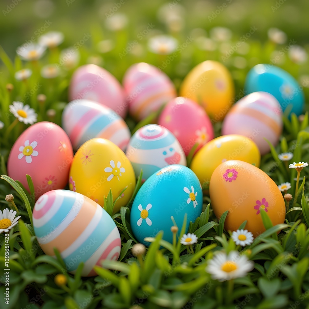 Colorful easter eggs in grass with daisies Colorful easter eggs in grass with daisies