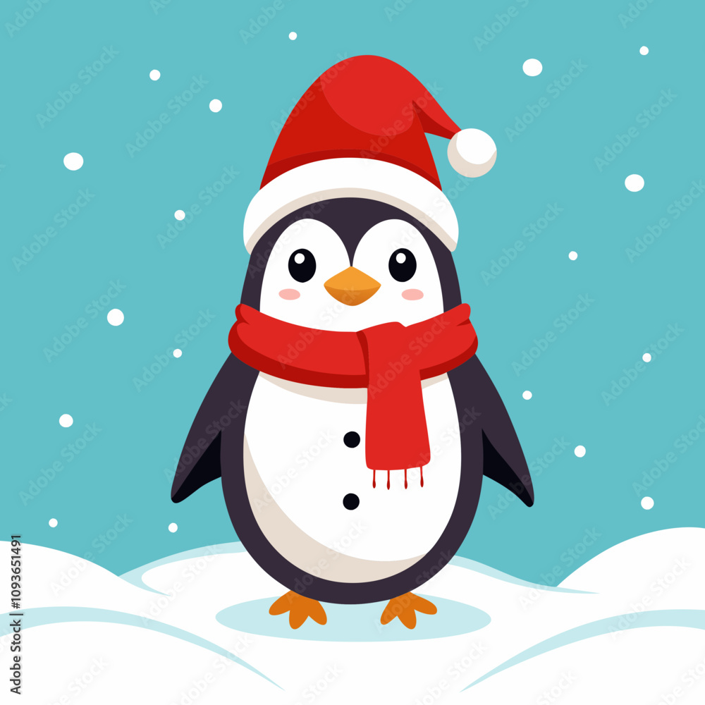 A cheerful penguin dressed in a festive Christmas outfit, featuring a red Santa hat and a cozy green scarf, standing in a snowy winter wonderland with twinkling lights and holiday decorations A cheerful penguin dressed in a festive Christmas outfit, featuring a red Santa hat and a cozy green scarf, standing in a snowy winter wonderland with twinkling lights and holiday decorations
