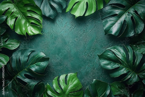 Lush Green Tropical Leaves Surrounding a Dark Green Surface photo