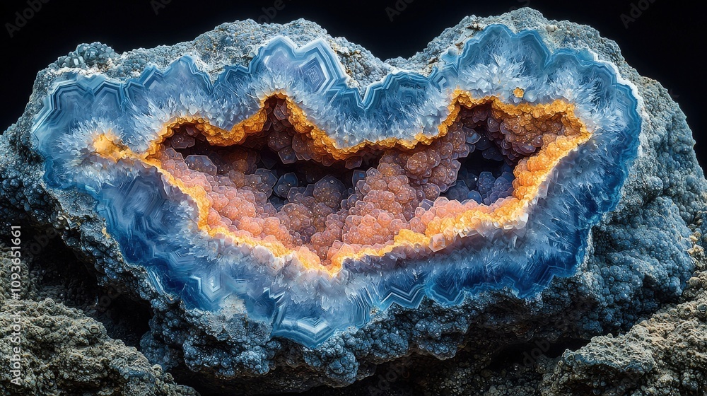 Fototapeta premium Stunning blue and orange geode with crystalline cavities and striking patterns