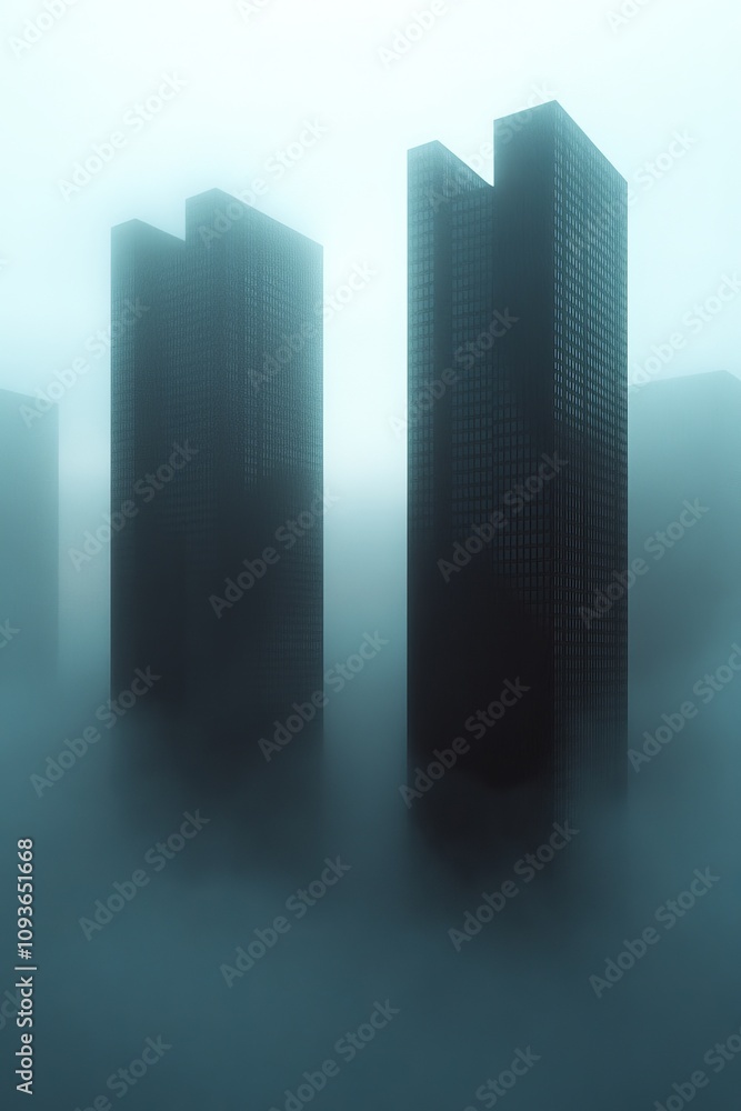 Tall city skyscrapers rise majestically through thick fog, creating a mysterious and serene urban landscape atmosphere. Tall city skyscrapers rise majestically through thick fog, creating a mysterious and serene urban landscape atmosphere.