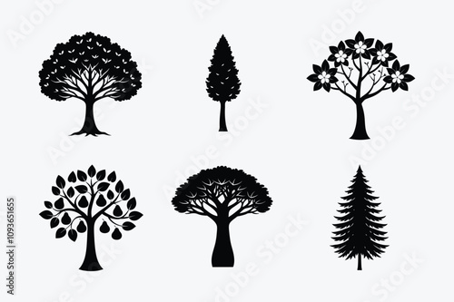 Set of trees black silhouette vector illustration. Perfect tree silhouette vectors for nature-themed designs, backgrounds, and illustrations.