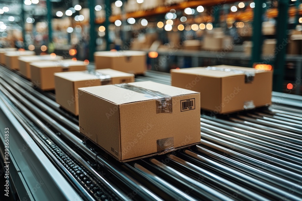 Cardboard Boxes Moving on a Conveyor Belt in a Warehouse Cardboard Boxes Moving on a Conveyor Belt in a Warehouse