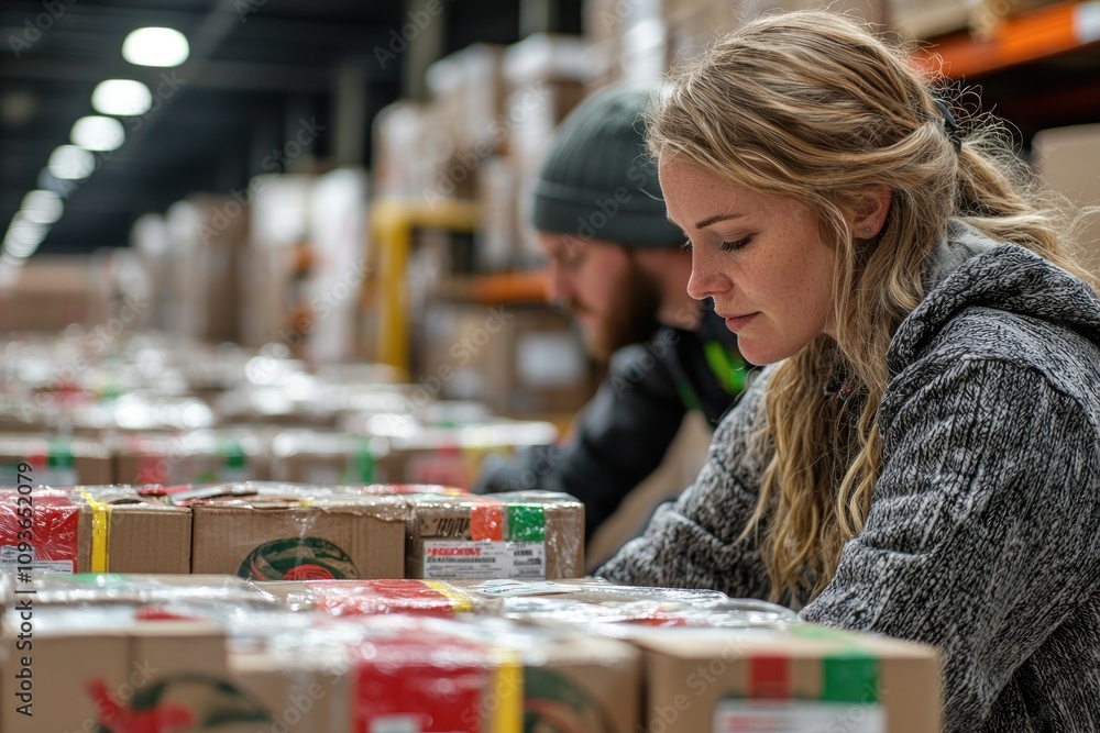 Fototapeta premium Woman Working in a Warehouse Surrounded by Cardboard Boxes