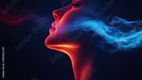  Abstract profile of a woman surrounded by swirling red and blue smoke, symbolizing duality, emotion, and inner reflection.