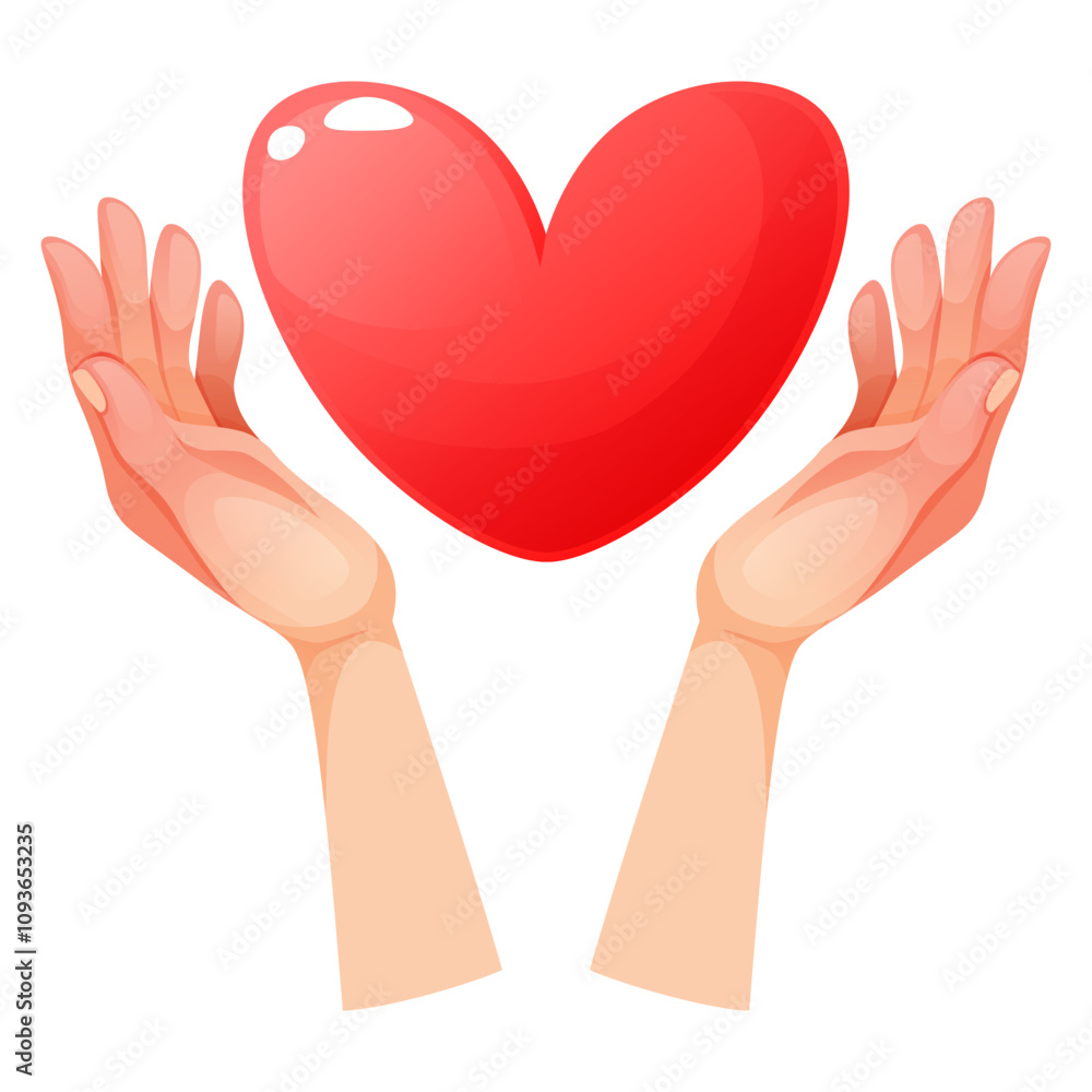 Obraz premium Vector illustration of hands holding pink heart, giving love, valentine, receiving love. Heart in hand. Symbol of kindness, love, empathy, charity, mental health and family. Valentine's day.