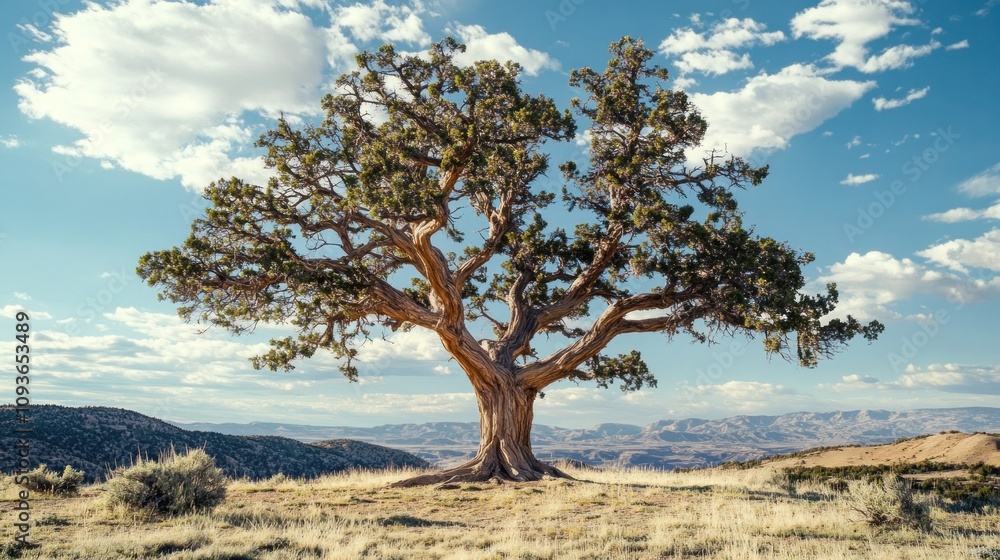 Majestic Lone Juniper Tree on a Hilltop, Overlooking Vast Mountain Ranges Under a Sky Filled with Fluffy Clouds Majestic Lone Juniper Tree on a Hilltop, Overlooking Vast Mountain Ranges Under a Sky Filled with Fluffy Clouds