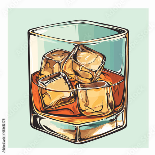 Glass of cold aged whiskey on the rocks ice cubes. vector clipart on a uniform colorful background. Hand drawn vector illustration. Vintage retro style