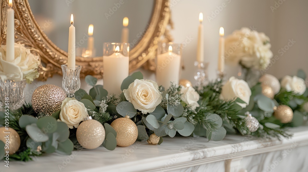Elegant golden Xmas decorations, with white roses Elegant golden Xmas decorations, with white roses