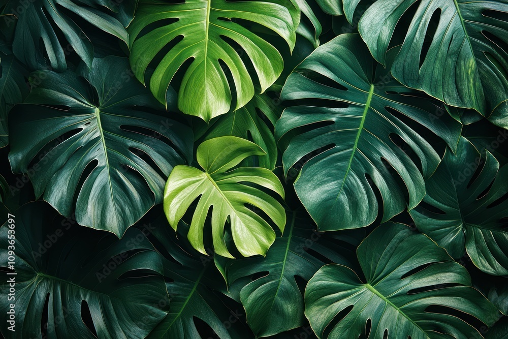 Fototapeta premium Lush Green Monstera Leaves Close-Up Texture