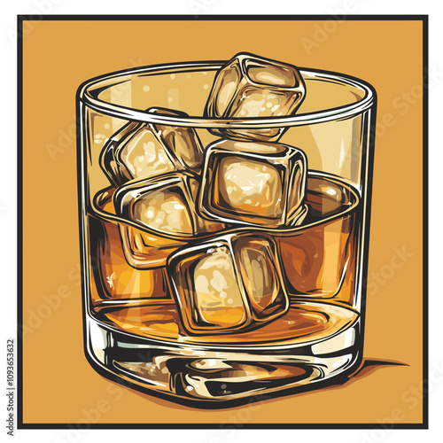Glass of cold aged whiskey on the rocks ice cubes. vector clipart on a uniform colorful background. Hand drawn vector illustration. Vintage retro style