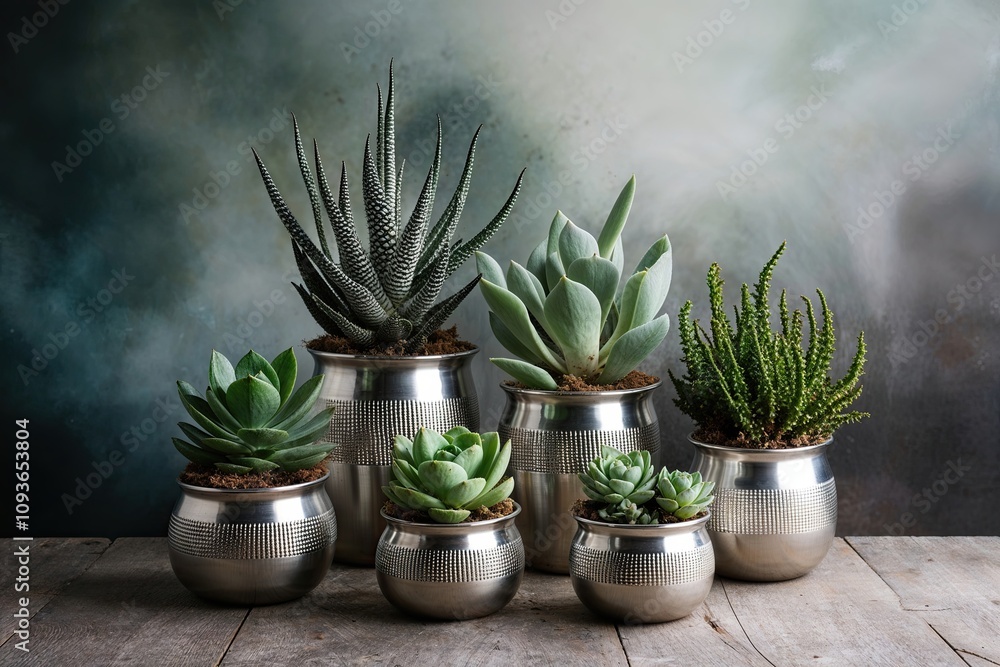 Stunning Succulent Plants in Metallic Pots with Dreamy Backgrounds Stunning Succulent Plants in Metallic Pots with Dreamy Backgrounds