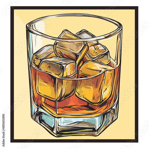 Glass of cold aged whiskey on the rocks ice cubes. vector clipart on a uniform colorful background. Hand drawn vector illustration. Vintage retro style