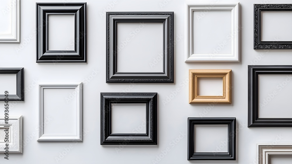 Assorted empty picture frames on white wall Assorted empty picture frames on white wall