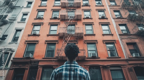 A man standing in front of a brick building with fire escapes.