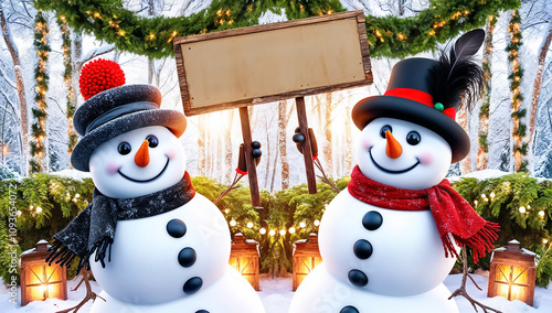 cute snowmen with wooden sign in nature, winter, snow