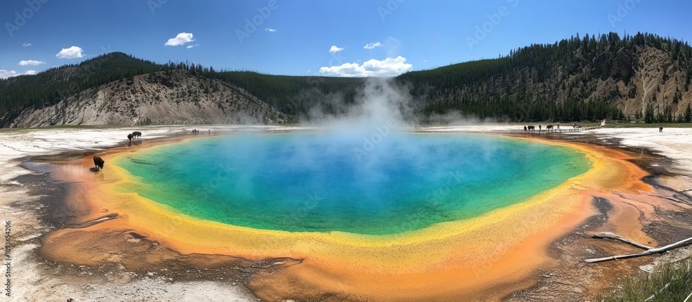 A Vibrant Hot Spring in Yellowstone National Park with Bison and Steam Rising A Vibrant Hot Spring in Yellowstone National Park with Bison and Steam Rising