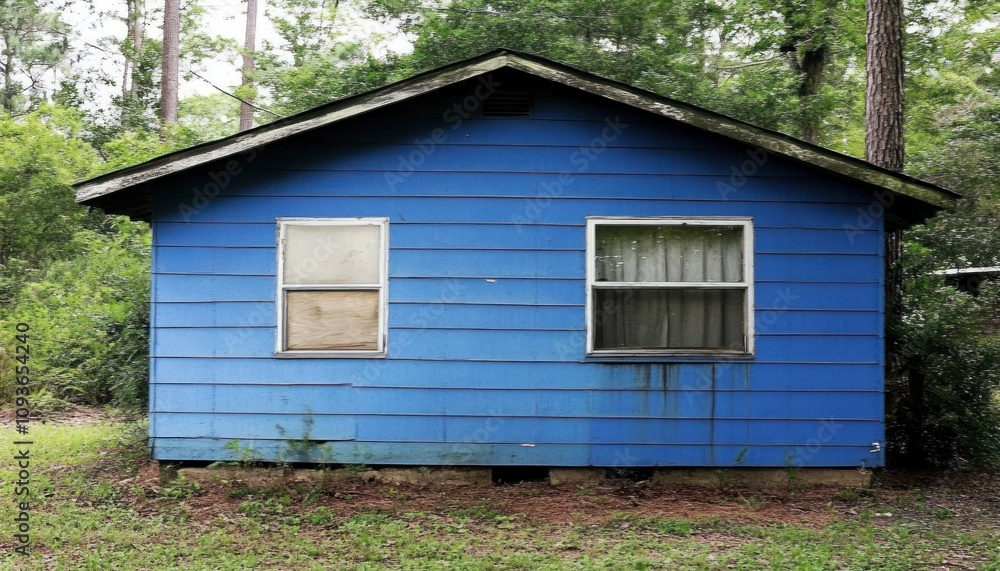 Blue Wooden Cabin With Two Windows In A Forest Blue Wooden Cabin With Two Windows In A Forest