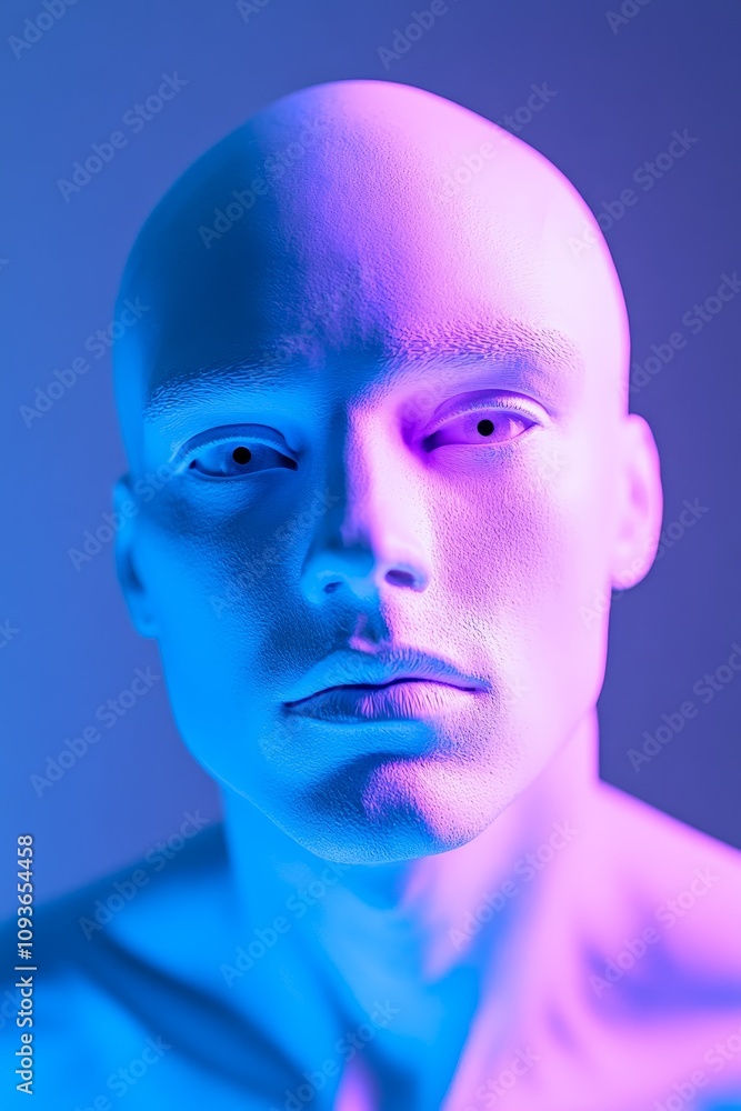 Close-up of a mannequin under vibrant blue and purple neon lighting, creating a futuristic and surreal atmosphere. Close-up of a mannequin under vibrant blue and purple neon lighting, creating a futuristic and surreal atmosphere.