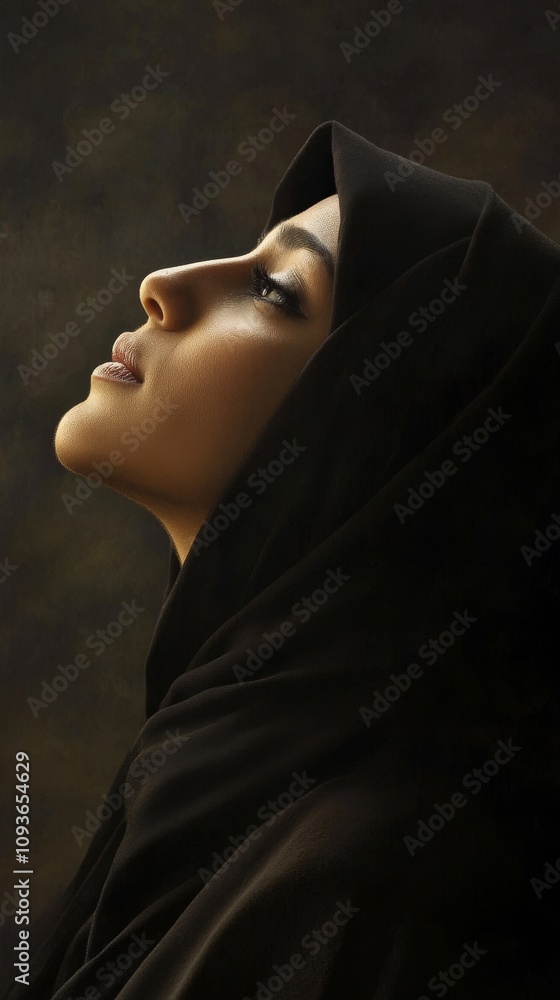 A serene profile portrait of a woman in a dark veil, capturing elegance and grace against a muted background. A serene profile portrait of a woman in a dark veil, capturing elegance and grace against a muted background.