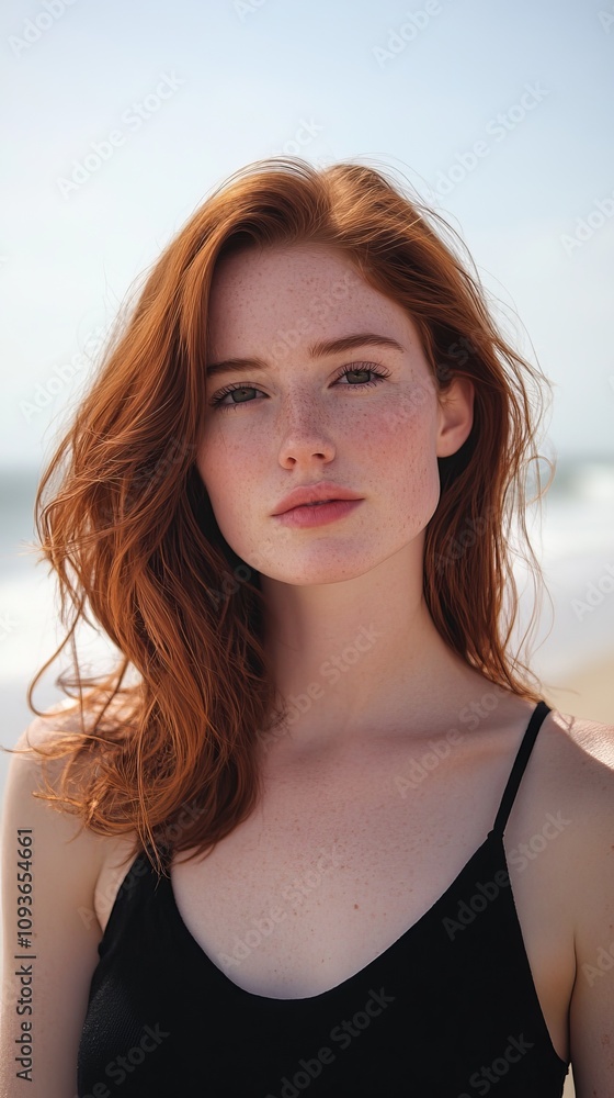 Young redheaded woman with freckles posing confidently on a sunny beach, capturing a serene summer vibe. Young redheaded woman with freckles posing confidently on a sunny beach, capturing a serene summer vibe.
