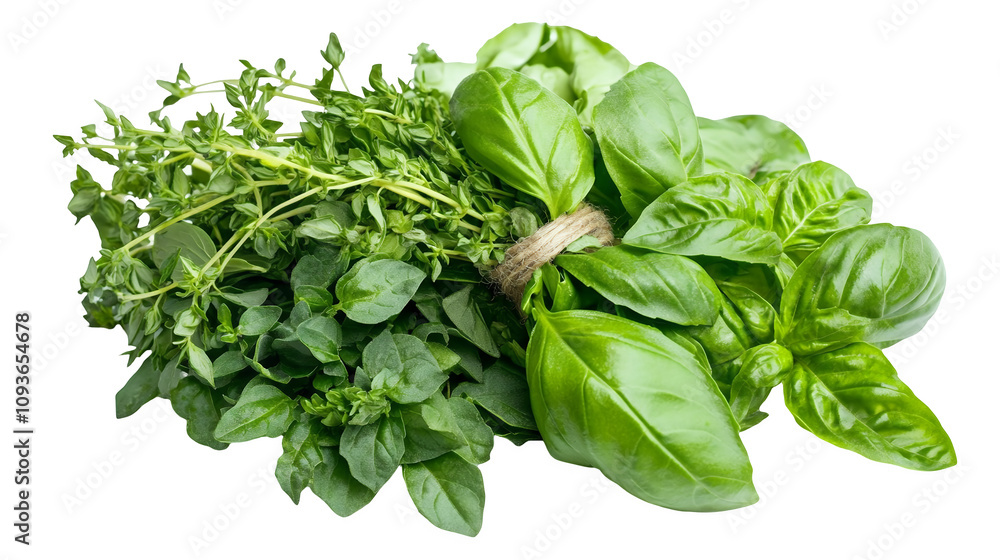 A bunch of fresh herbs such as basil or parsley tied together isolated on a transparent background, PNG A bunch of fresh herbs such as basil or parsley tied together isolated on a transparent background, PNG