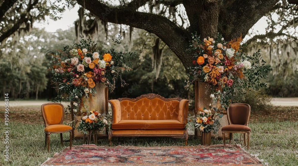 Obraz premium Outdoor Wedding Ceremony Setup with Vintage Furniture and Floral Arrangements