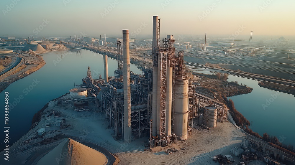 Obraz premium Aerial view of sprawling industrial plant near river at sunrise, reflecting advanced manufacturing, infrastructure, and environmental impact.