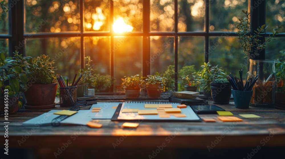 Serenity in a Home Office: A Cozy Workspace Surrounded by Nature at Sunset with Stationery, Plants, and a Creative Atmosphere Ideal for Productivity and Inspiration Serenity in a Home Office: A Cozy Workspace Surrounded by Nature at Sunset with Stationery, Plants, and a Creative Atmosphere Ideal for Productivity and Inspiration
