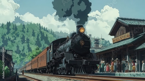  Anime-style steam train arrives at rustic Western station, with gleaming steel frame contrasting wooden town structures and excited townsfolk gathering nearby.