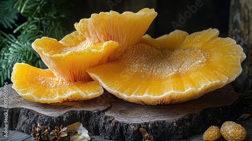 Vibrant yellow mushrooms with dew on wood in natural setting photo