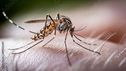 Wallpaper Mural A mosquito that feeds on human skin. The proboscis of a mosquito is visible, piercing the skin, which is shown in close-up with fine hairs and texture. The background is blurred. Torontodigital.ca