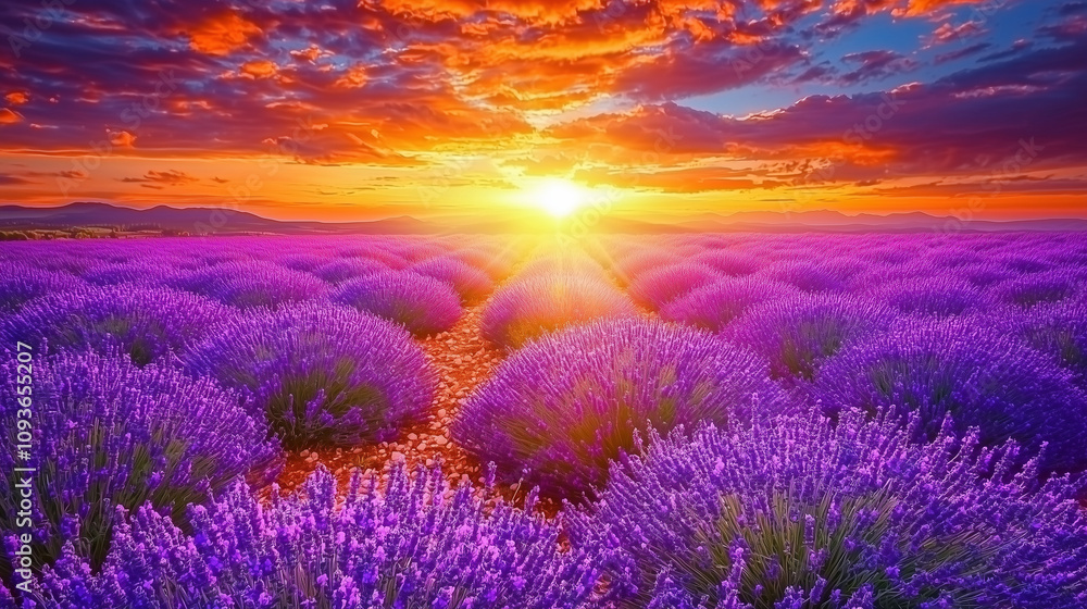 A breathtaking view of a lavender field under a sunset sky, with the flowers bathed in golden hues A breathtaking view of a lavender field under a sunset sky, with the flowers bathed in golden hues
