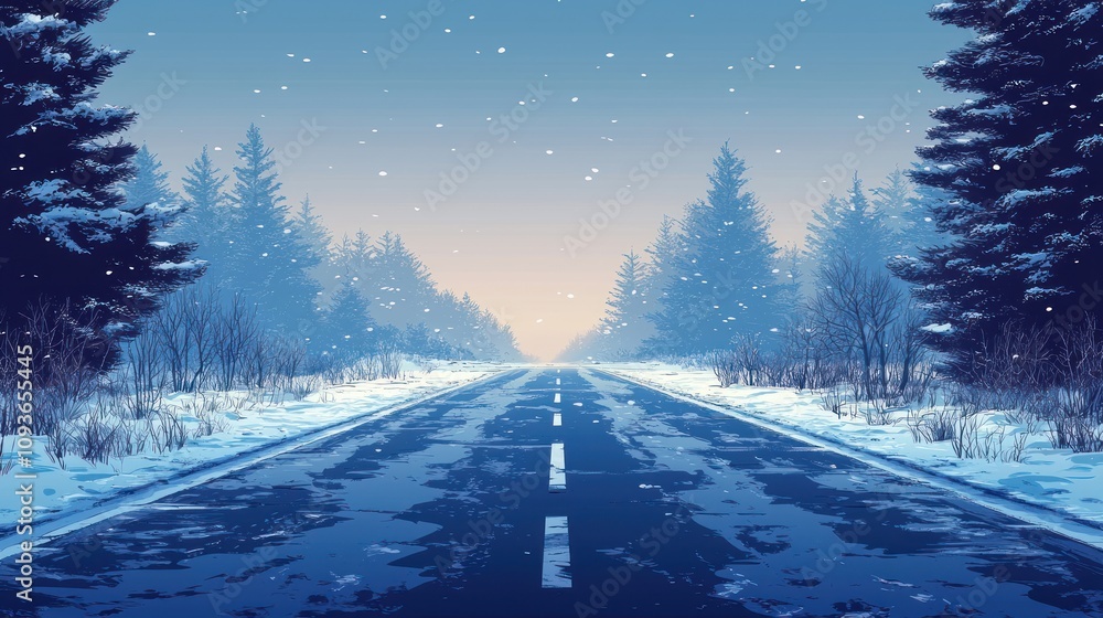 Snowy Forest Road With a Blue Sky and Falling Snow Snowy Forest Road With a Blue Sky and Falling Snow