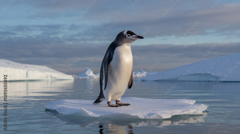 Obraz premium A lone penguin standing on a small ice floe in the middle of an Arctic landscape. The background shows a serene icy environment with large icebergs and a calm, reflecting surface of water.