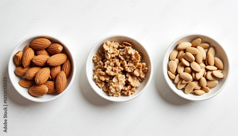 Three white bowls filled with almonds, walnuts, and pistachios arranged on a clean white background, emphasizing healthy snacking and natural nutrition. Three white bowls filled with almonds, walnuts, and pistachios arranged on a clean white background, emphasizing healthy snacking and natural nutrition.