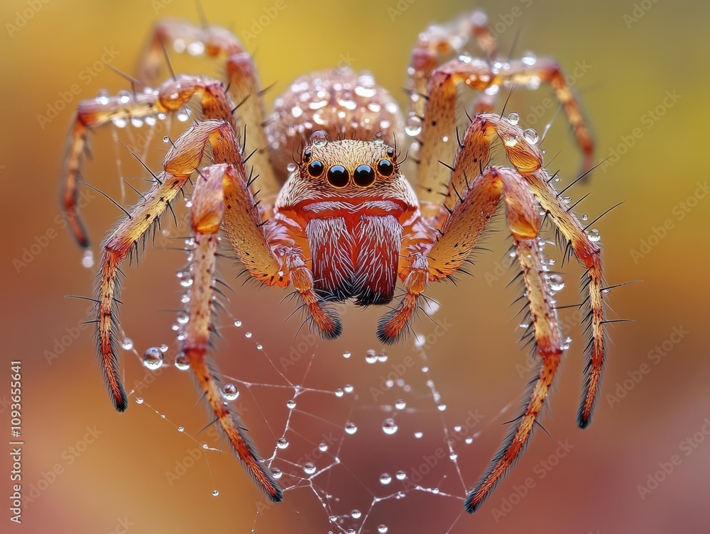 Fototapeta premium Dew-Kissed Spider on Web, Close-Up