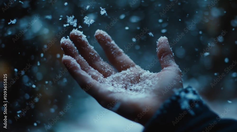 A close-up of a hand reaching out to catch delicate snowflakes, capturing the beauty of winter's serene atmosphere. A close-up of a hand reaching out to catch delicate snowflakes, capturing the beauty of winter's serene atmosphere.