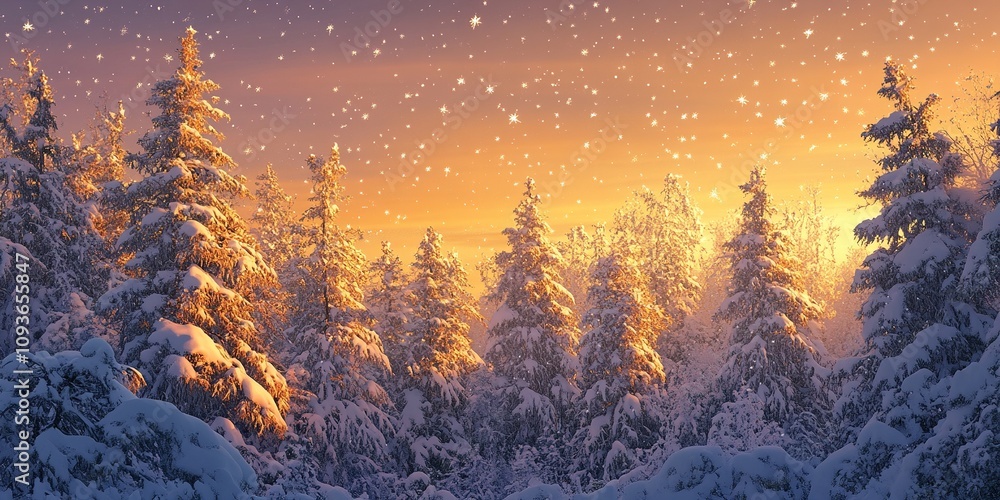 Snow Covered Forest with Golden-Orange Sky Fading to Deep Purple at Sunset Snow Covered Forest with Golden-Orange Sky Fading to Deep Purple at Sunset