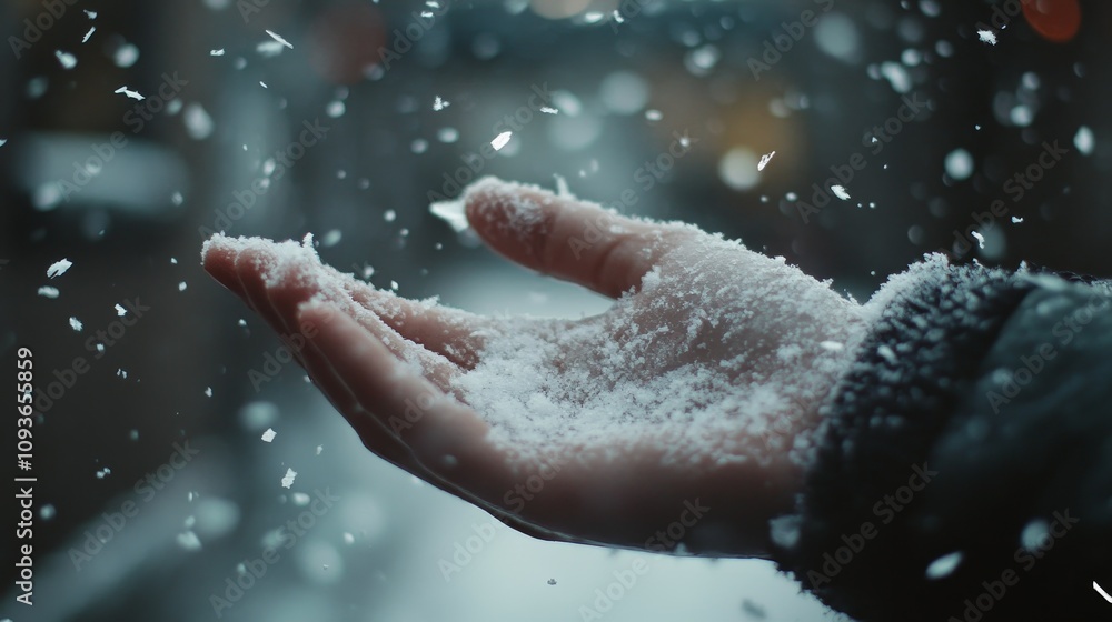 A hand gently catching falling snowflakes during a serene winter day, illustrating the beauty and tranquility of snowfall. A hand gently catching falling snowflakes during a serene winter day, illustrating the beauty and tranquility of snowfall.