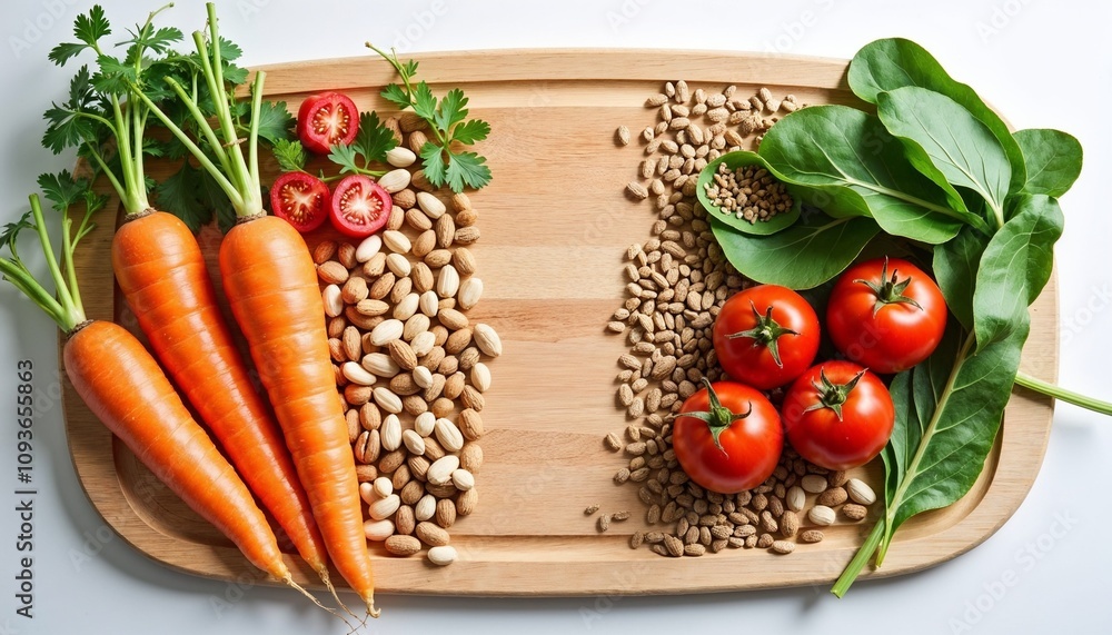 Fresh vegetables and beans on a wooden cutting board, featuring carrots, tomatoes, spinach, and parsley with vibrant colors and healthy food vibes Fresh vegetables and beans on a wooden cutting board, featuring carrots, tomatoes, spinach, and parsley with vibrant colors and healthy food vibes