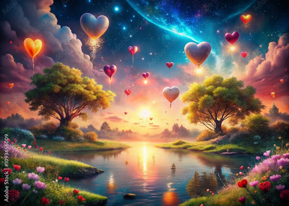 Naklejka premium Surreal Dreamscape of Love: A Whimsical Representation of Romance and Emotion in a Fantastical Landscape with Floating Hearts and Ethereal Light