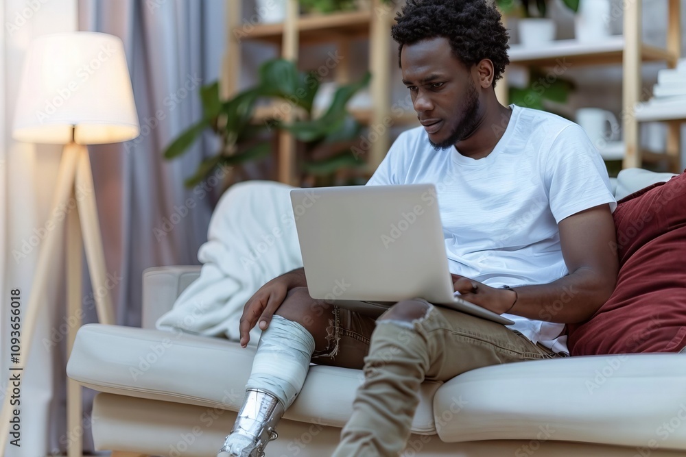 Attractive African American man with injured leg relaxing on couch while working on laptop at home. Attractive African American man with injured leg relaxing on couch while working on laptop at home.