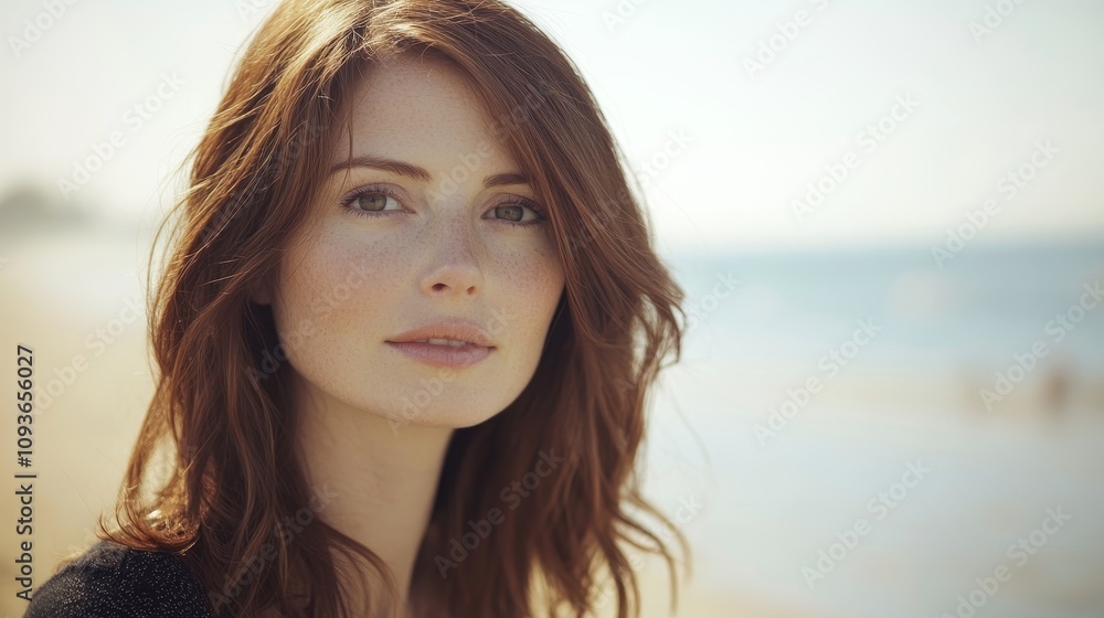 Portrait of a woman with red hair enjoying a sunny day at the beach, capturing serenity and natural beauty. Portrait of a woman with red hair enjoying a sunny day at the beach, capturing serenity and natural beauty.