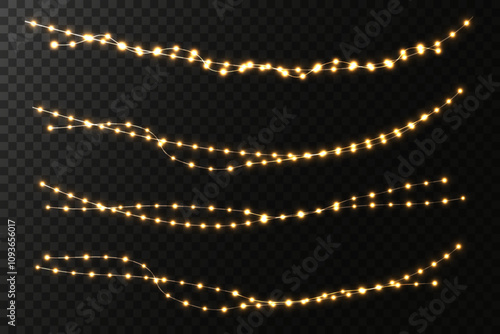 Christmas brightly colored garland of golden light. Set of glowing lights on transparent background. Led lamp. Design for Christmas banners, cards, backgrounds. Isolated realistic design elements.