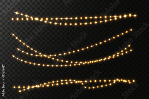 Bright garlands with a golden glow png. Festive Christmas light. For holiday illustrations. Festive chain of yellow lights glow on a transparent background. Stock royalty free. Winter collection 2025